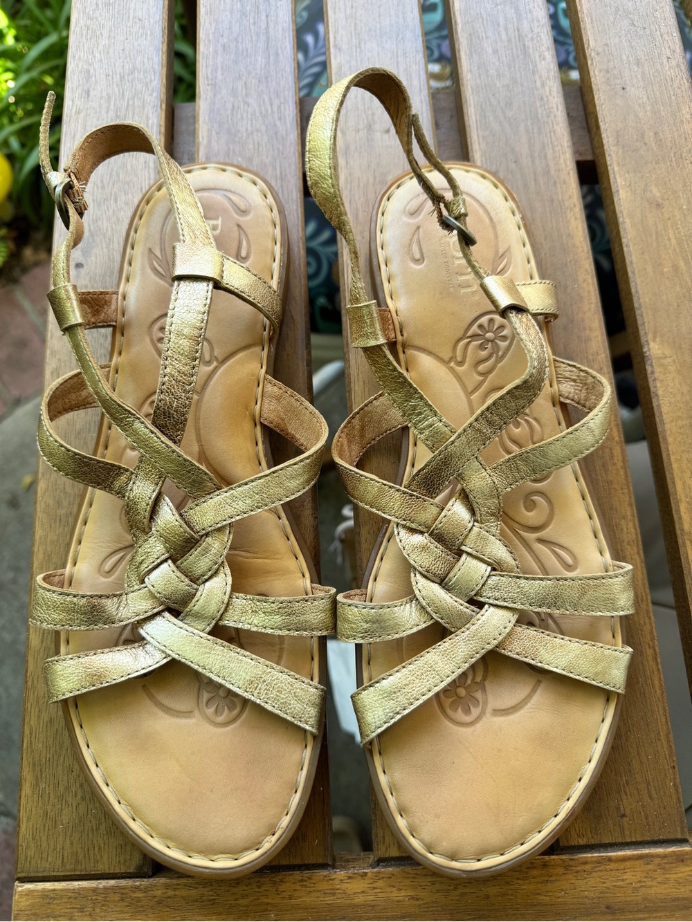 Born Metallic Gold Leather Braided Strappy Sandals gladiator ankle strap